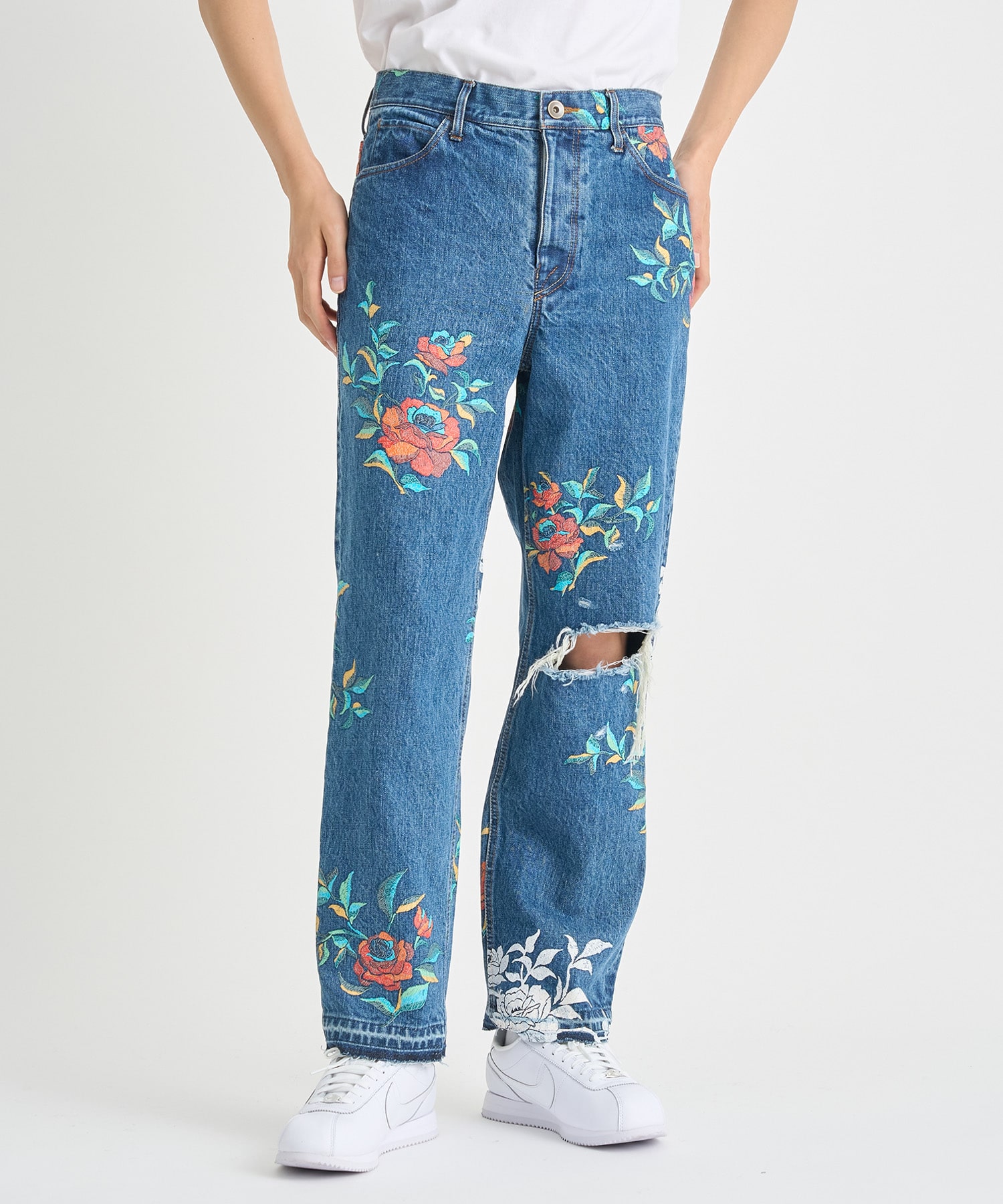 Flower Pattern Straight Denim Pants