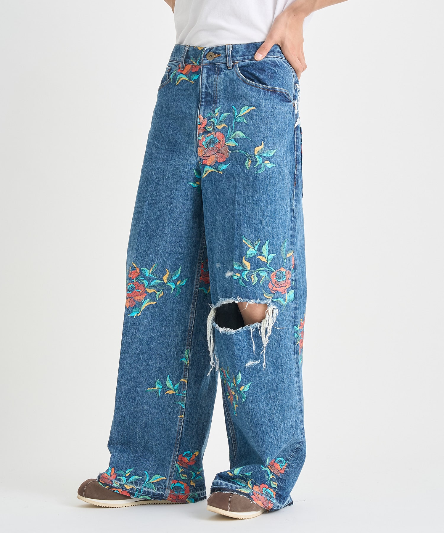 Flower Pattern Denim Wide Pants