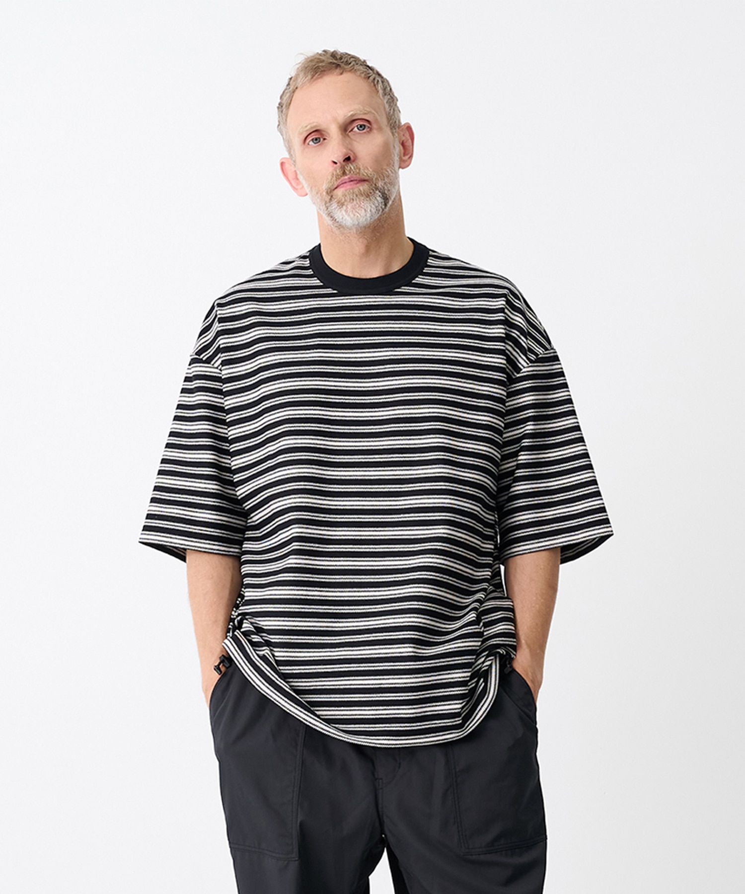 【コムデギャルソンオム】綿ラッセルボーダー Drawcord S/S Tee