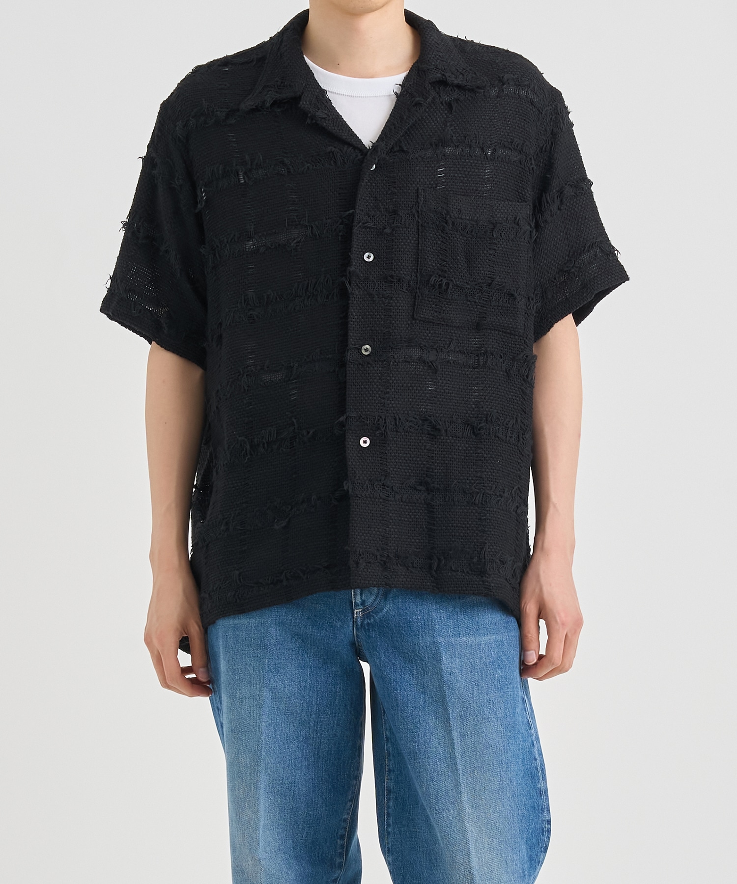FRINGE CHECK TWEED OPEN COLLAR SHIRT