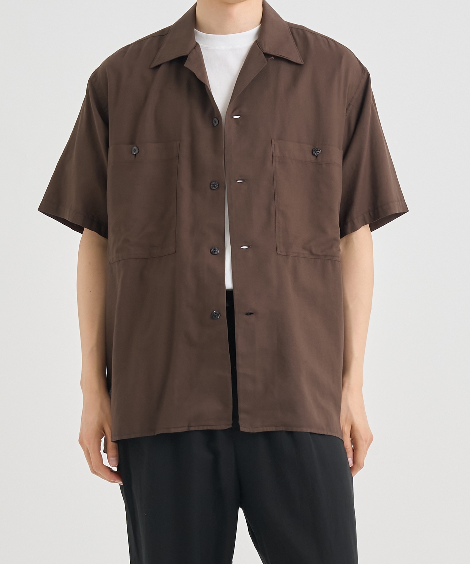 GARMENTDYED COTTON SILK TWILL OPEN COLLAR SHIRT