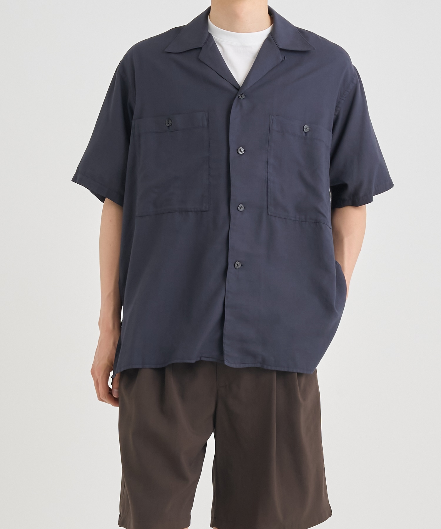 GARMENTDYED COTTON SILK TWILL OPEN COLLAR SHIRT