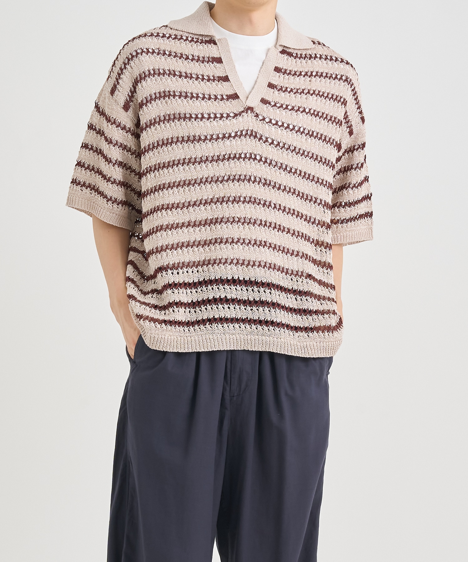 BORDER MESH KNIT SKIPPER POLO SHIRT