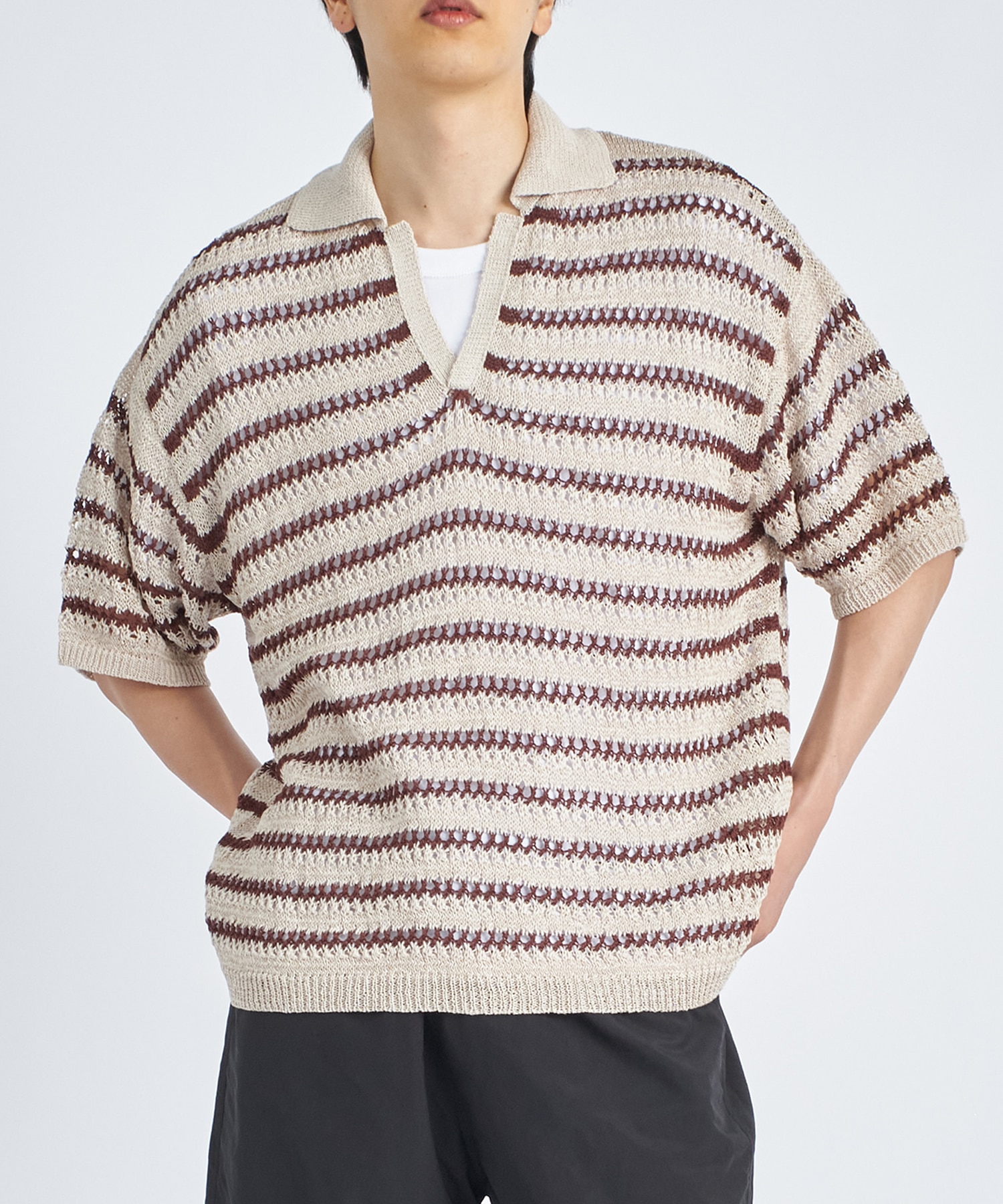 BORDER MESH KNIT SKIPPER POLO SHIRT