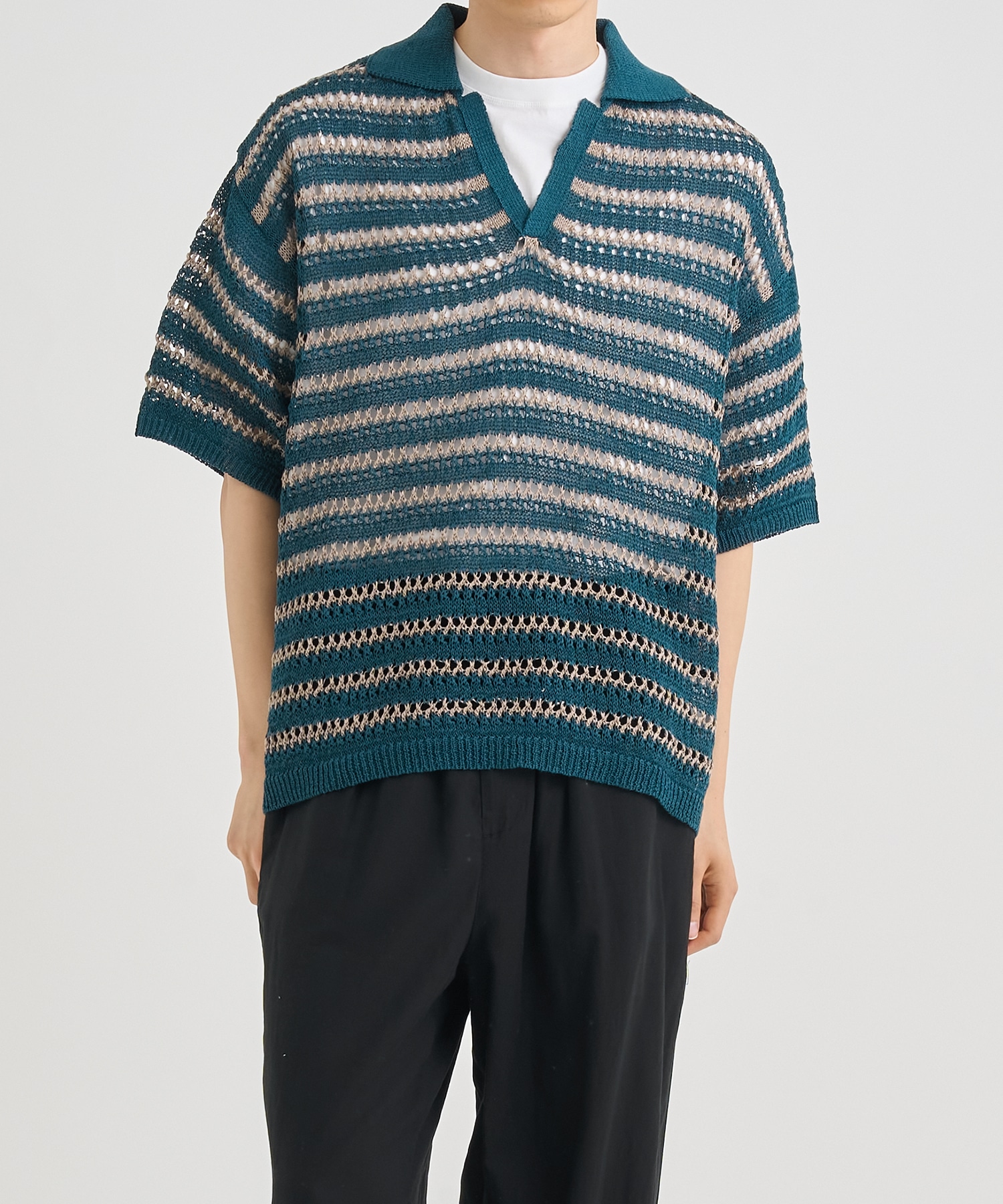 BORDER MESH KNIT SKIPPER POLO SHIRT