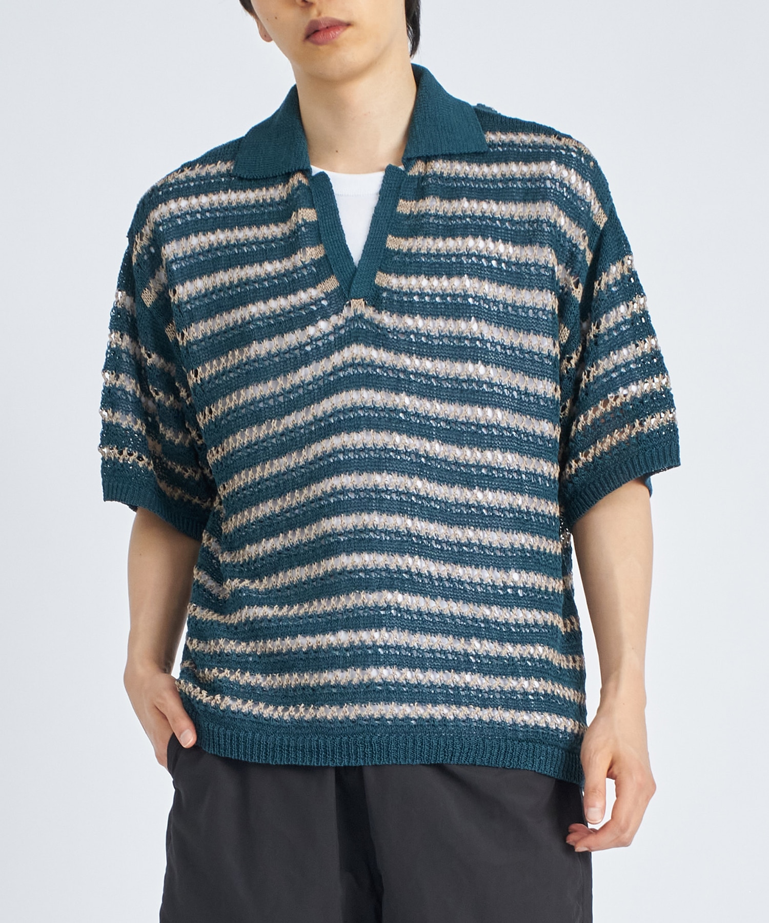 BORDER MESH KNIT SKIPPER POLO SHIRT