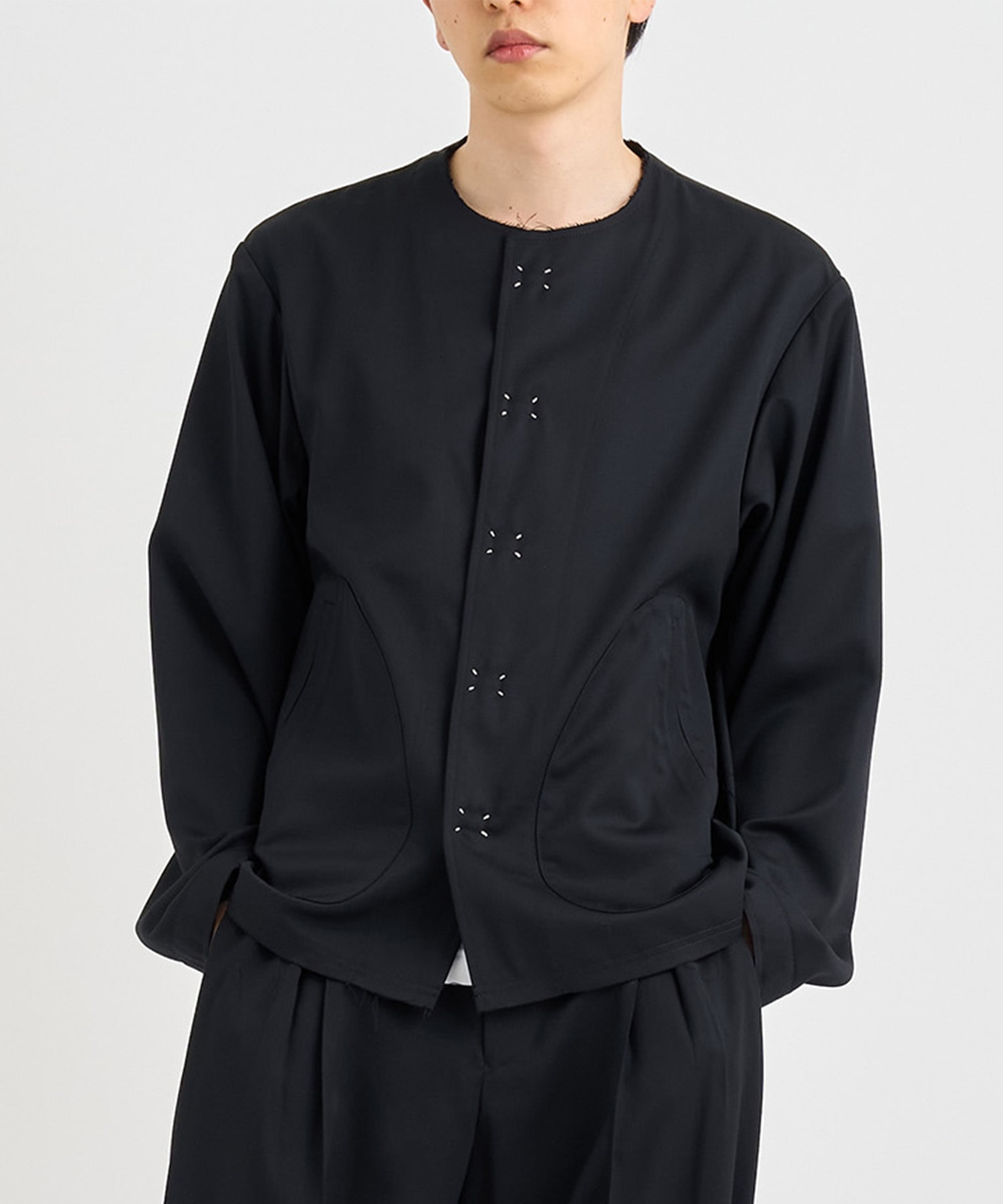 No-collar wool gabardine jacket