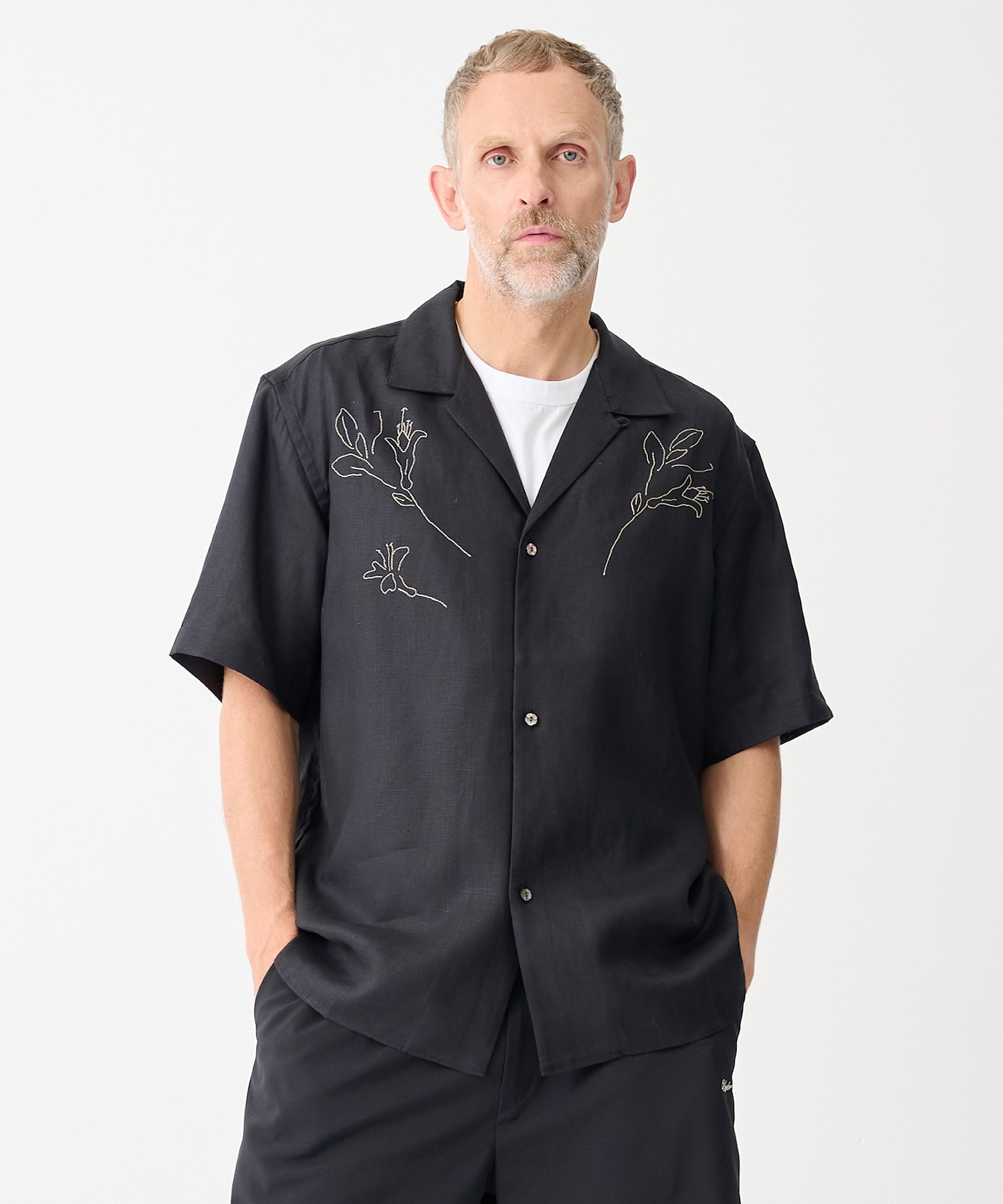 別注THE SS SHIRT BLACK LINEN EMBROIDERY