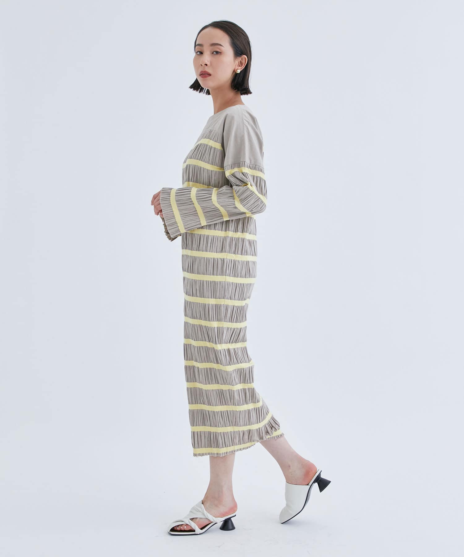 Shirring striped dress