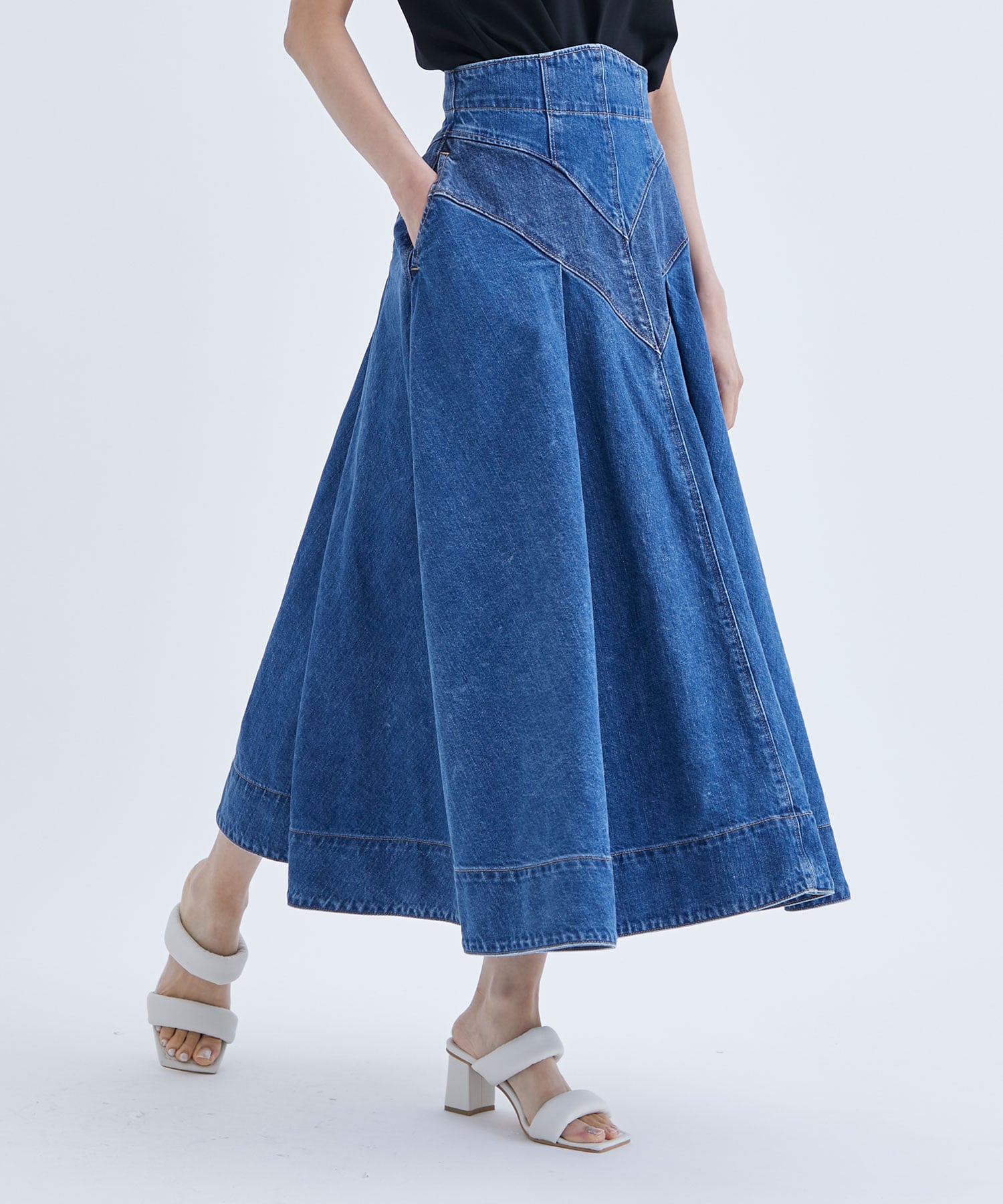 FLARED DENIM MIDI SKIRT