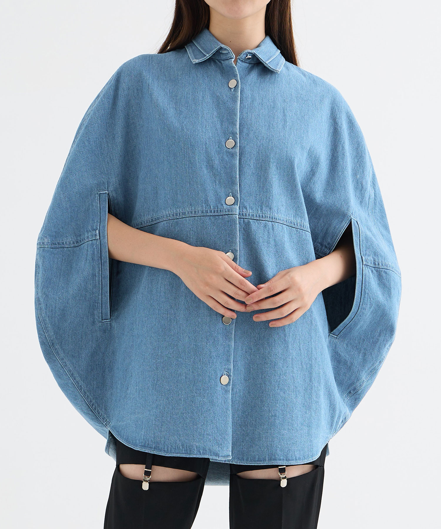 cape-effect washed denim moon shape shirt-jacket