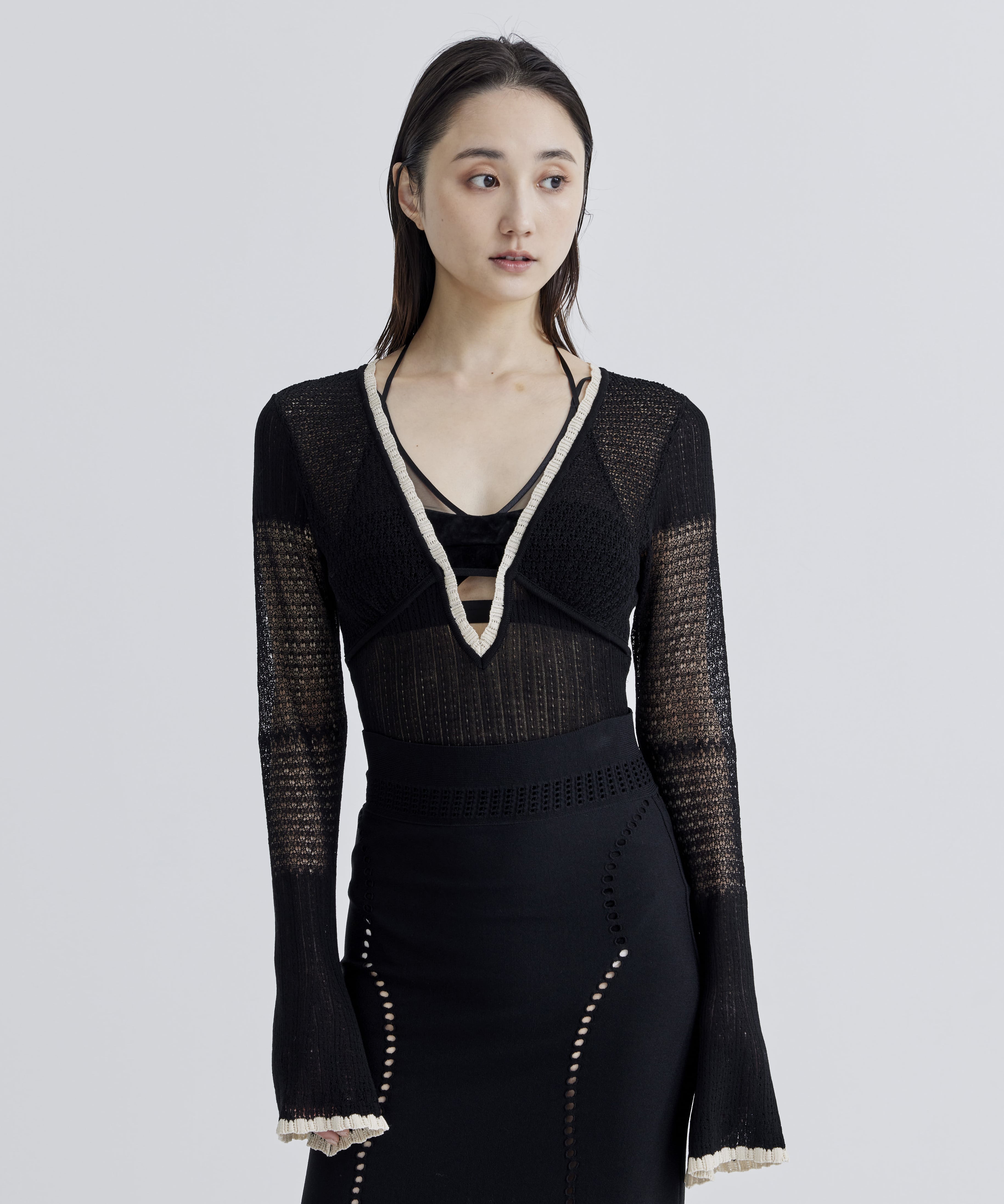 Ribbed knit bodysuit with tulle sleeves Woman, Black