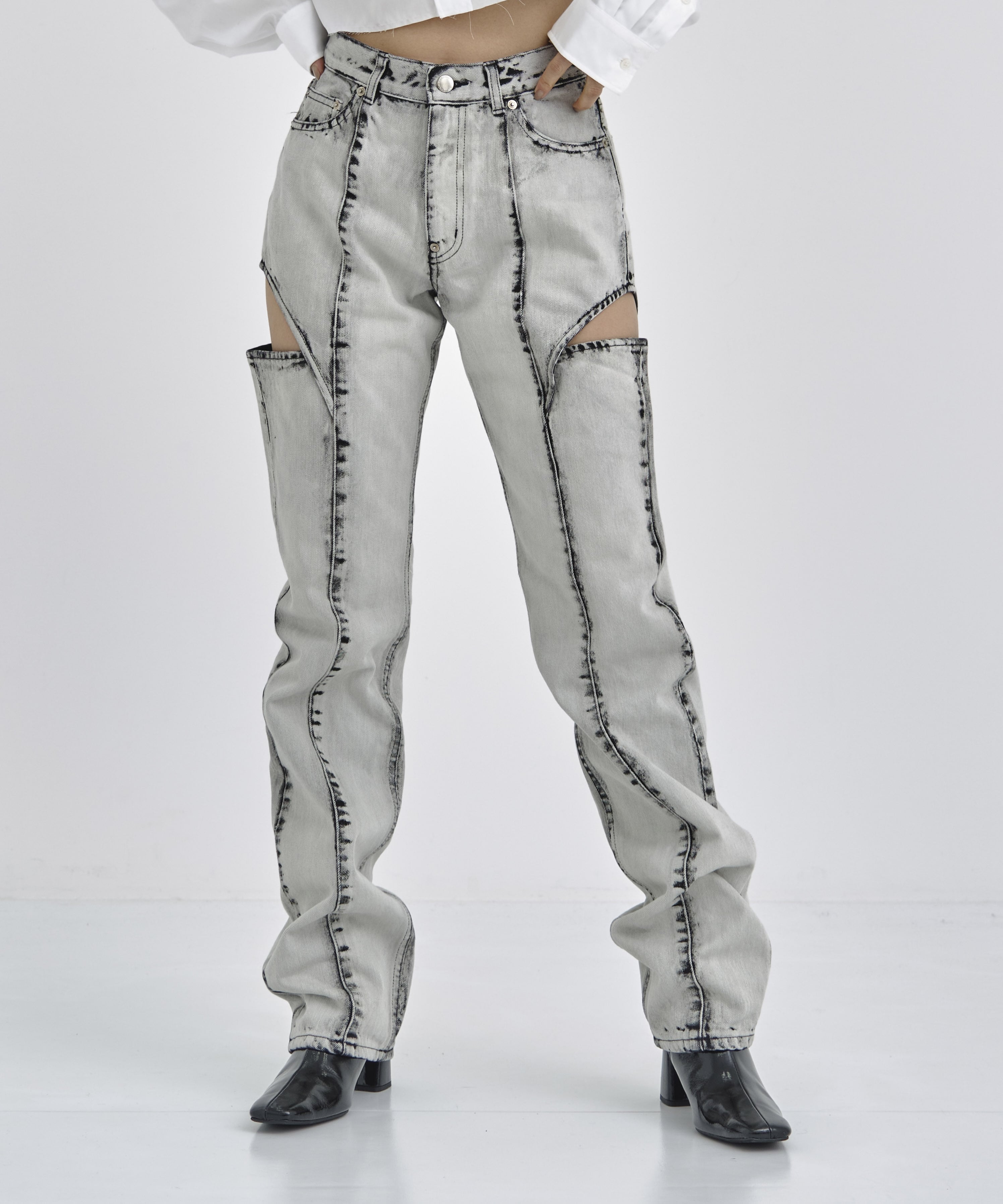 BLEACHED DENIM HOLLOWED OUT PANTS