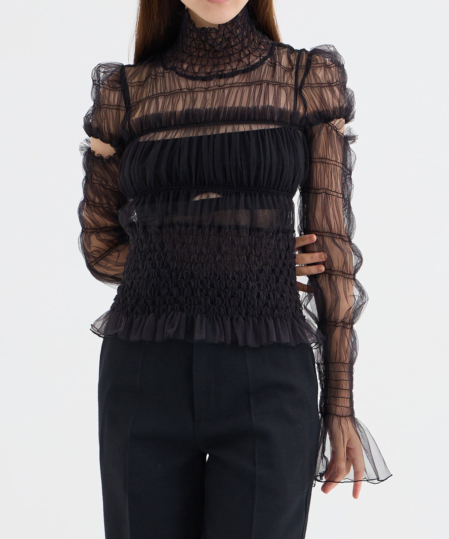 TULLE SHIRRED HIGHNECK BLOUSE