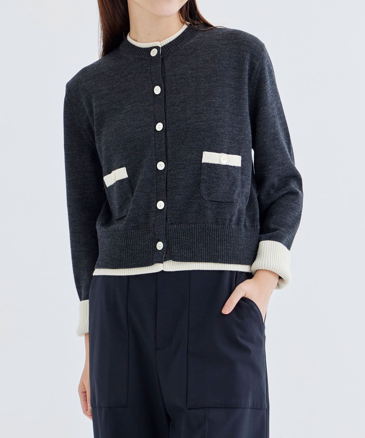 WASHABLE WOOL BICOLOR KNIT CARDIGAN