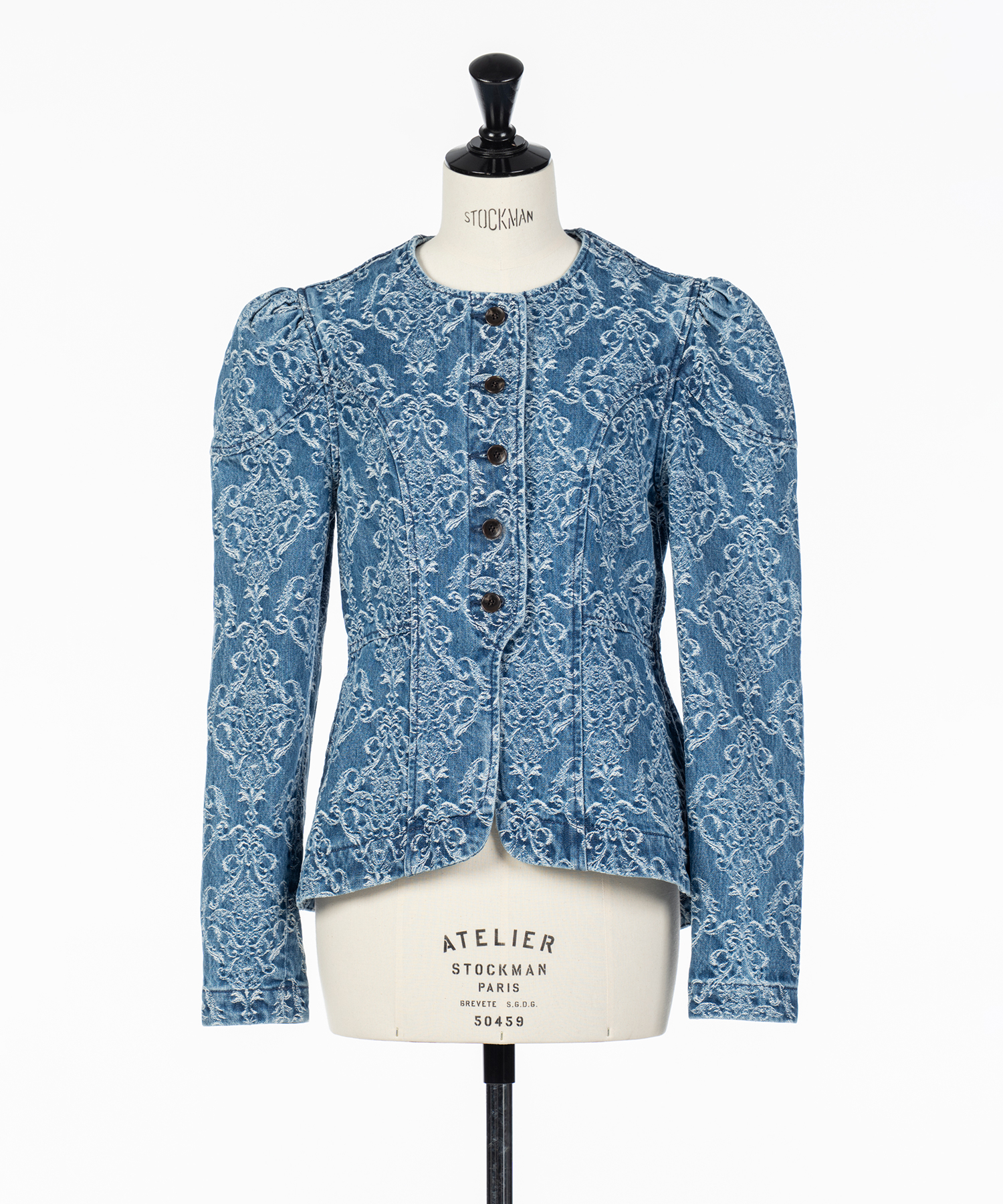 DAMASK-JACQUARD DENIM PEPLUM JACKET