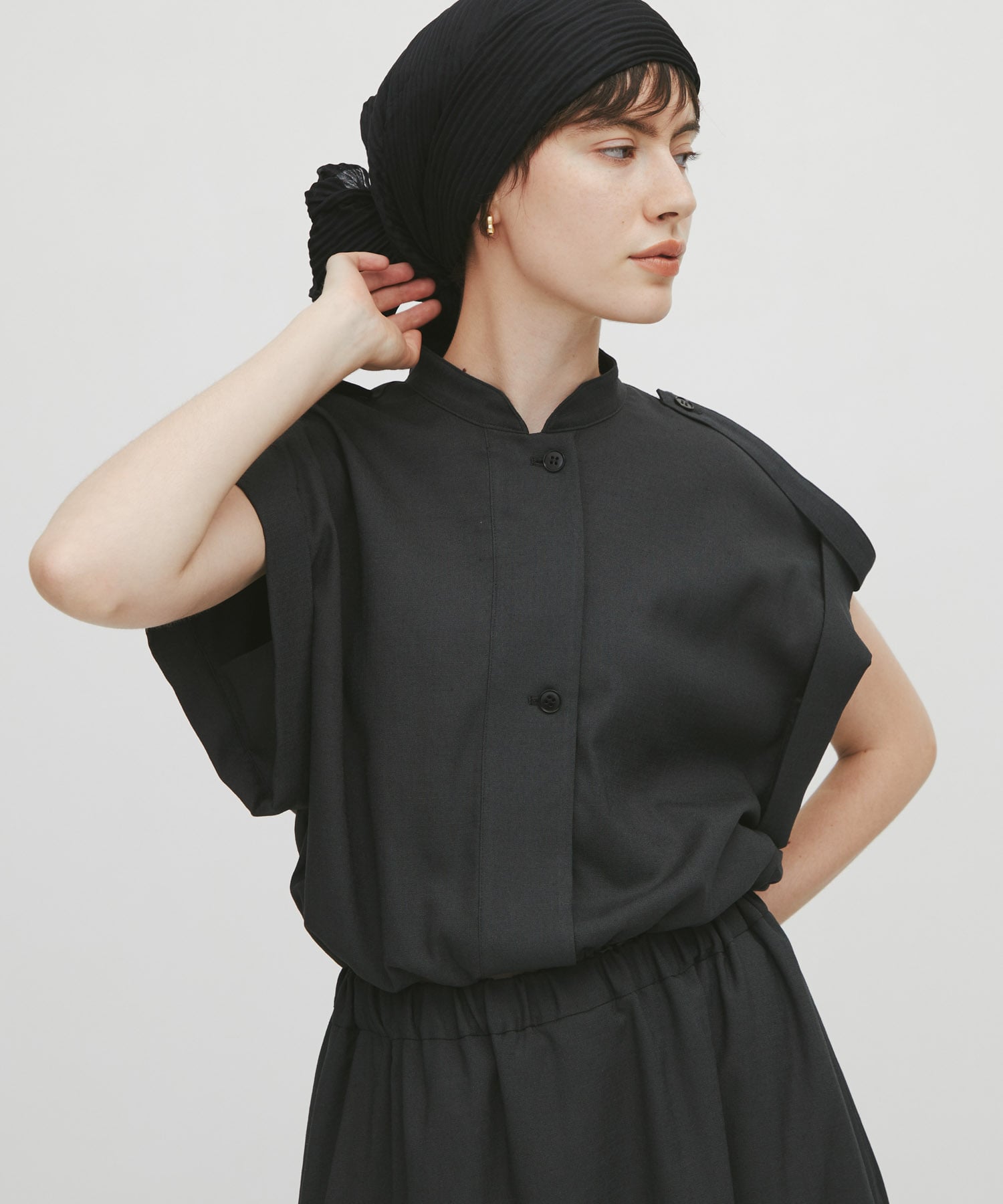 Stand Collar Weist Gather Blouse