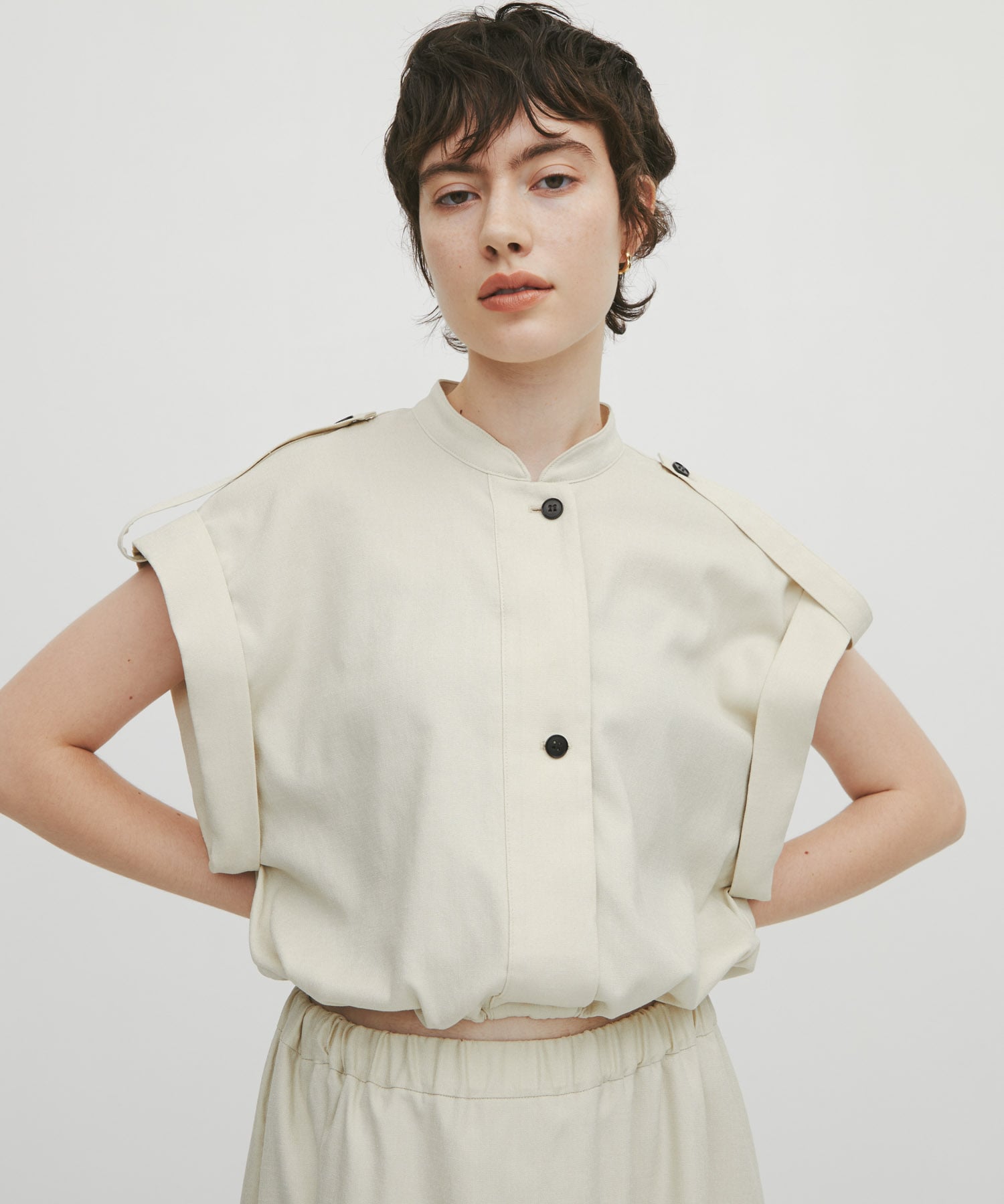 Stand Collar Weist Gather Blouse