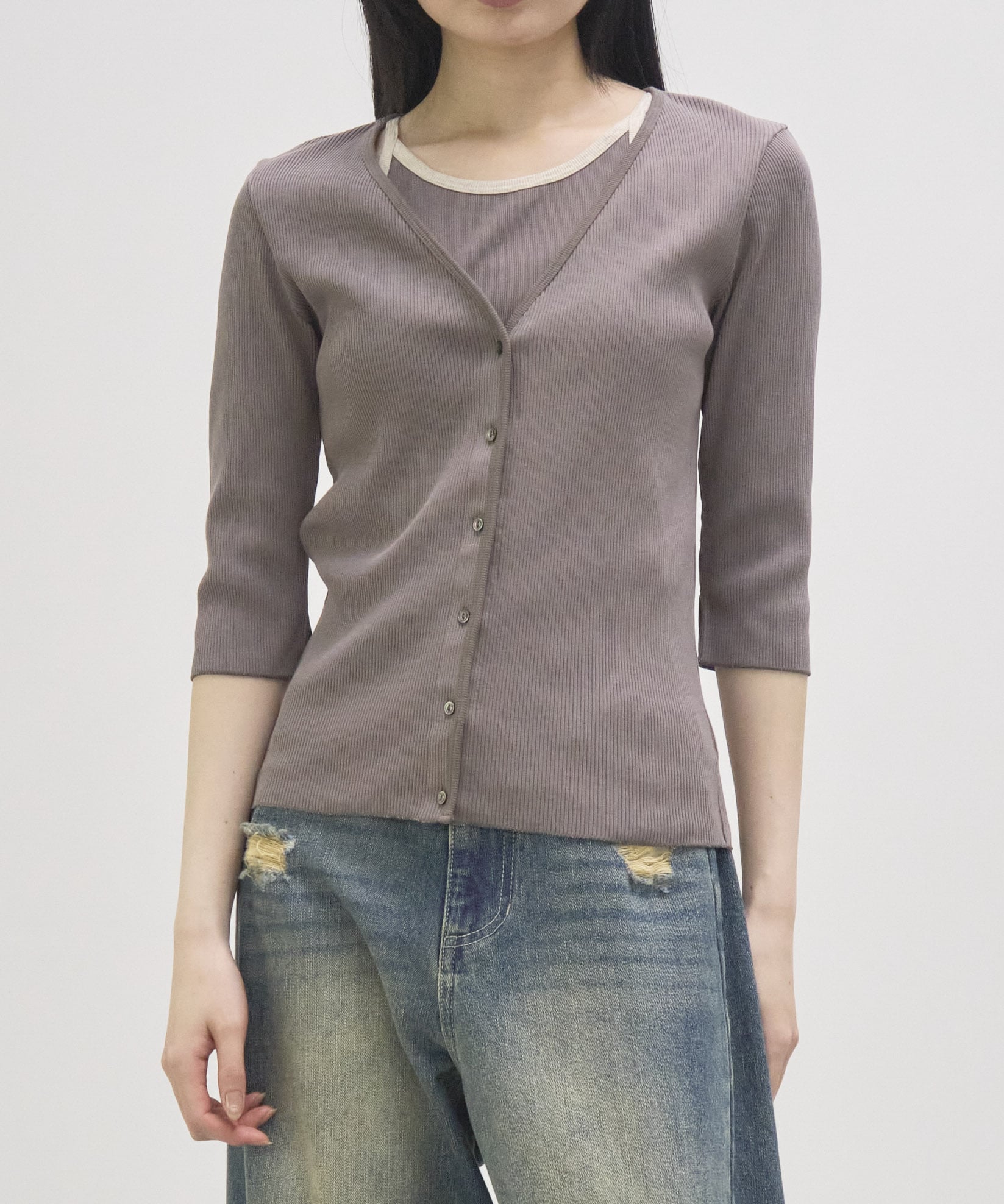 V Neck 3/4 Sleeve Cardigan