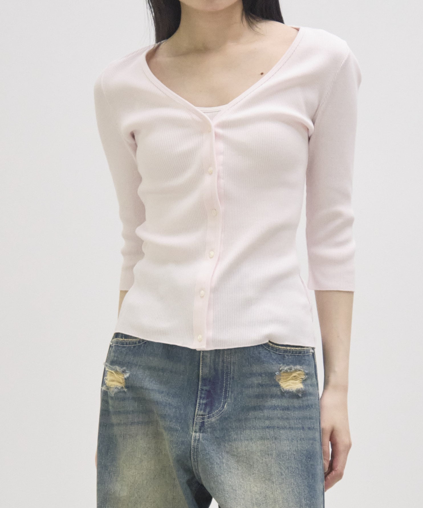 V Neck 3/4 Sleeve Cardigan