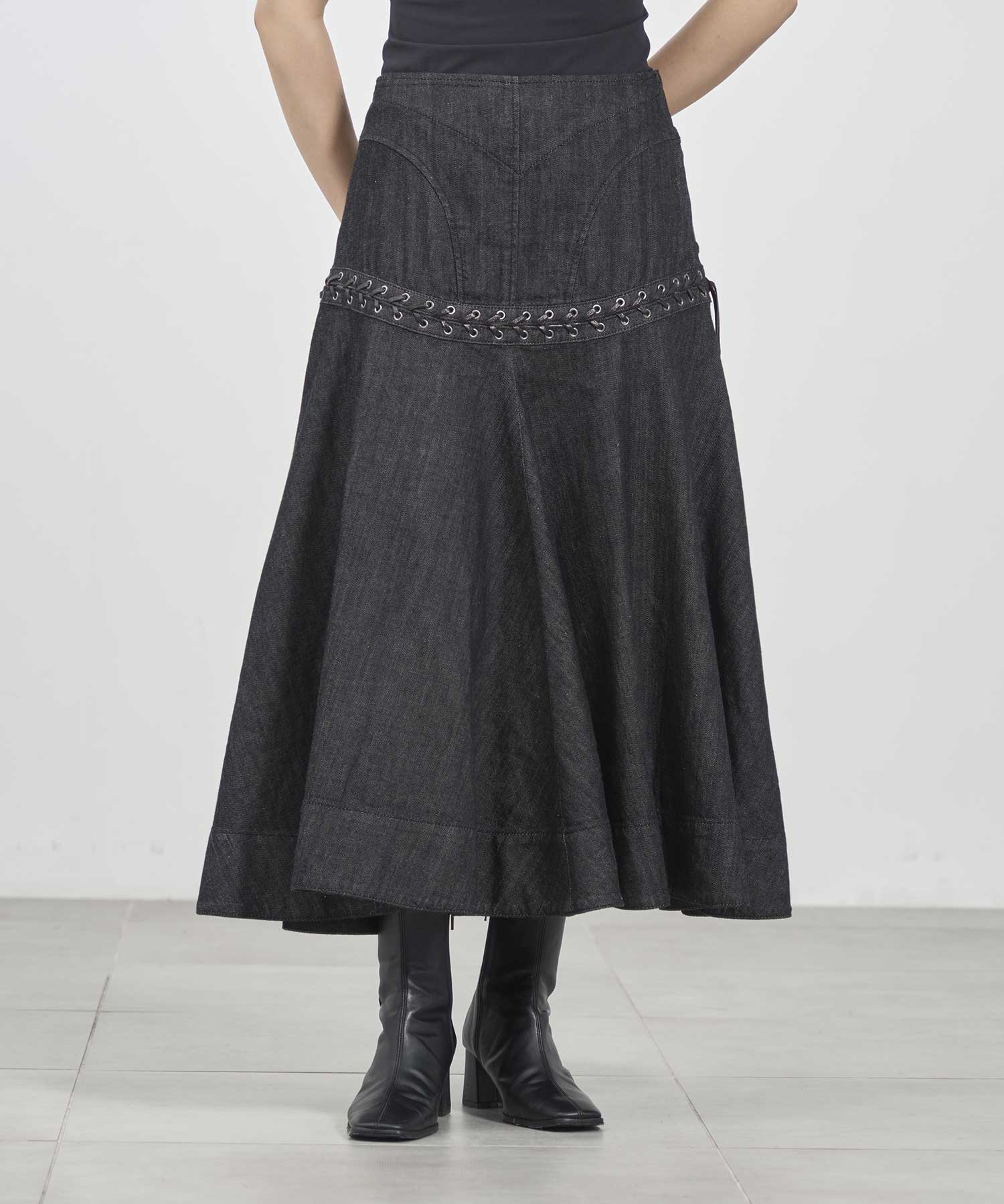 Lace up denim flare skirt