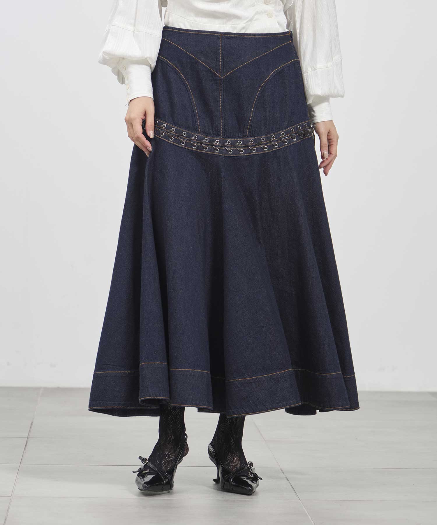 Lace up denim flare skirt