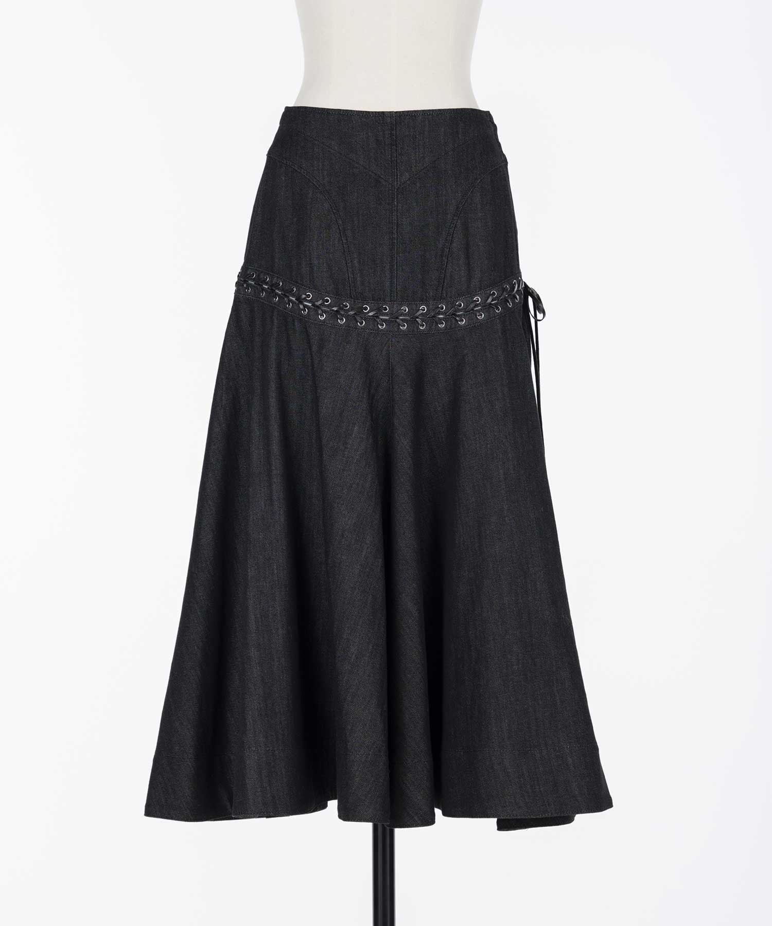 Lace up denim flare skirt