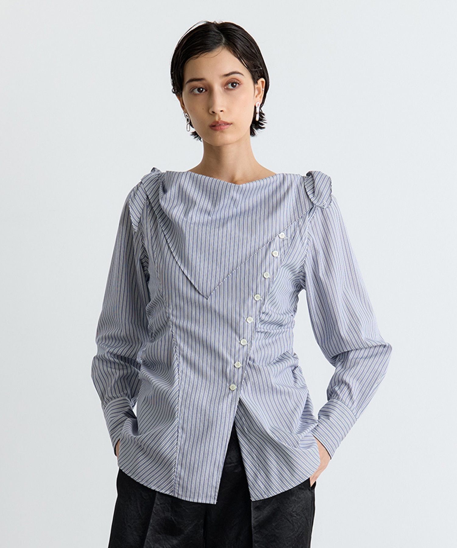 COTTON STRIPE SCARF COLLAR BLOUSE