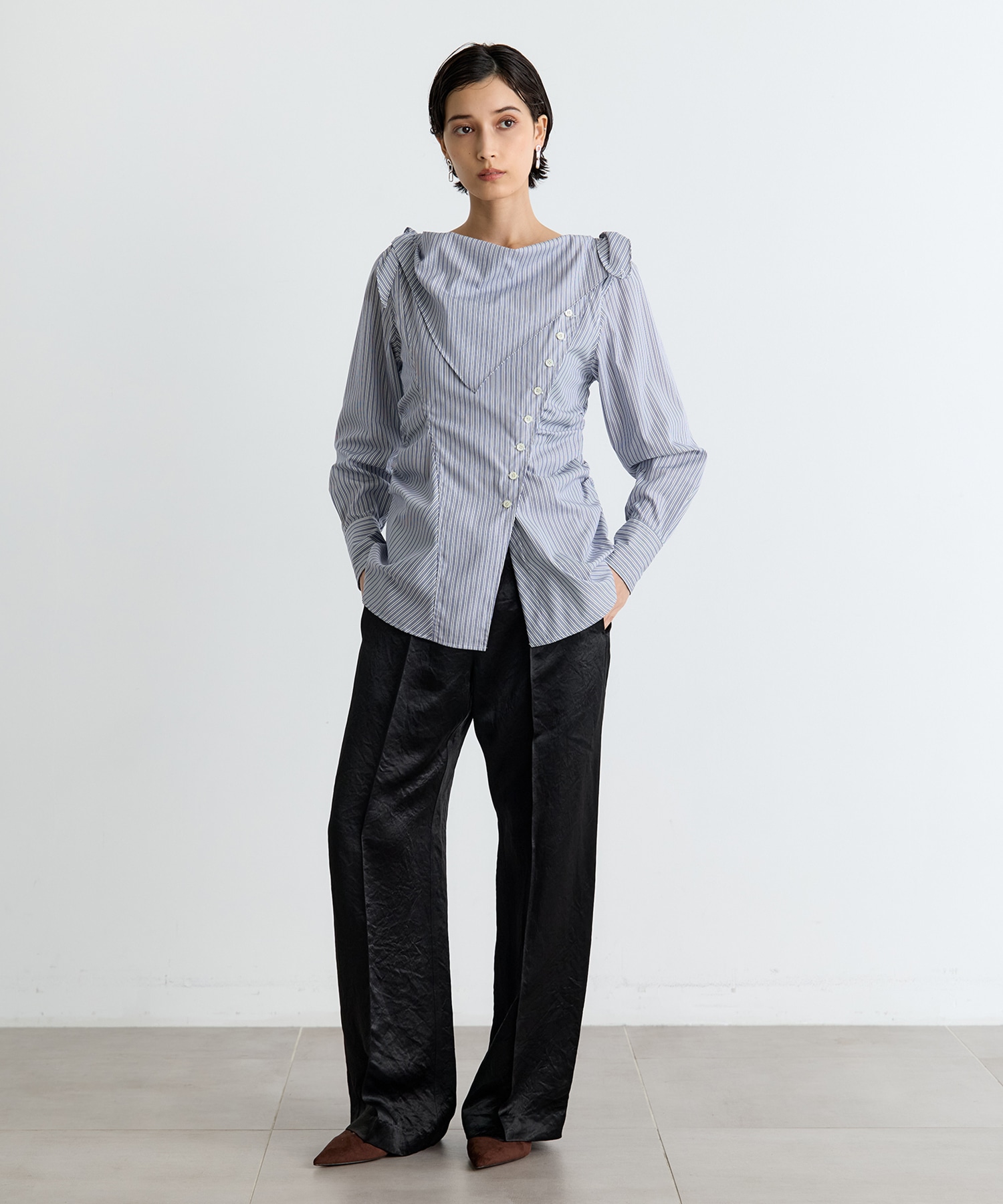 COTTON STRIPE SCARF COLLAR BLOUSE