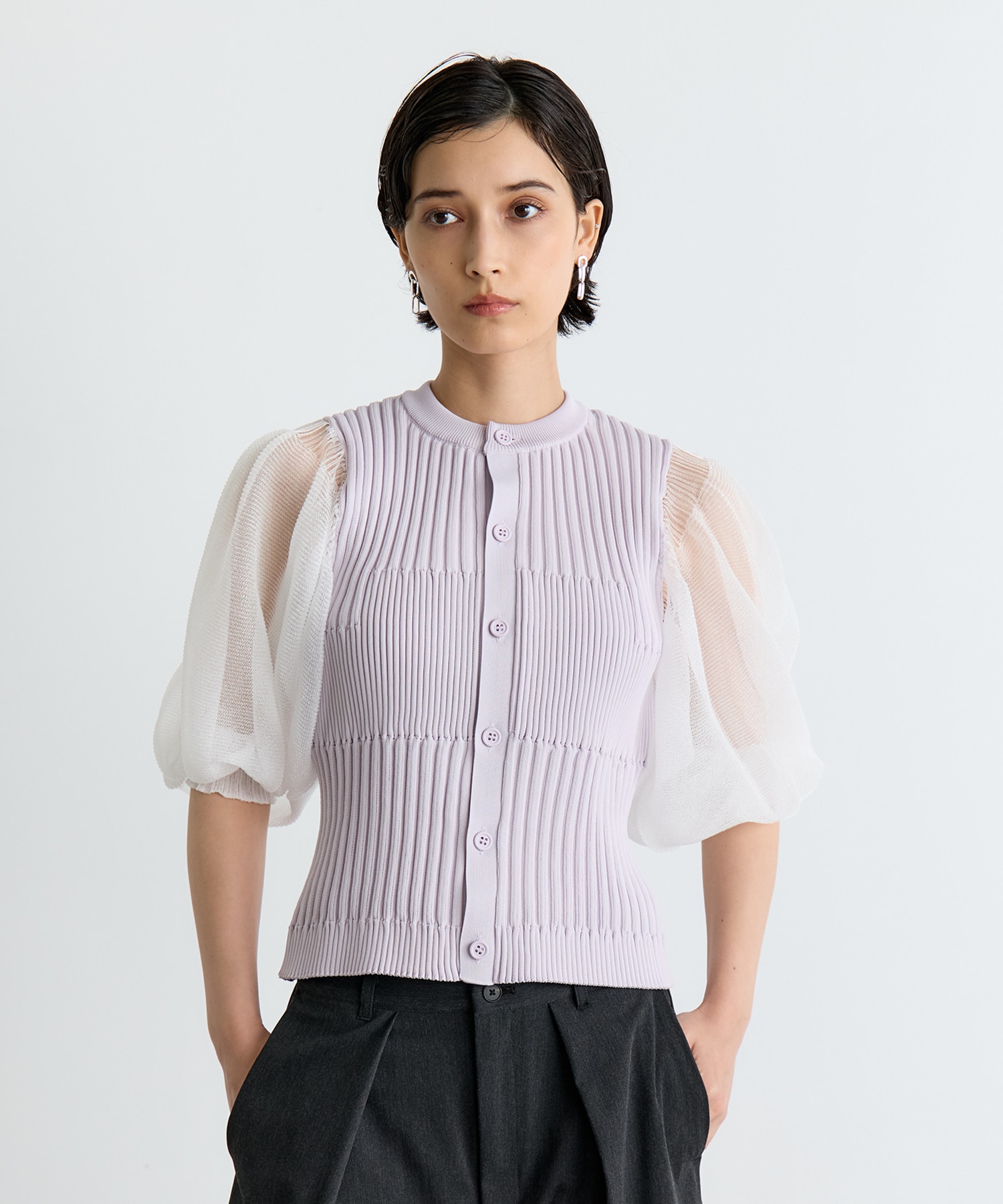 FLUTED LUCENT PUFF SLEEVE CARDIGAN