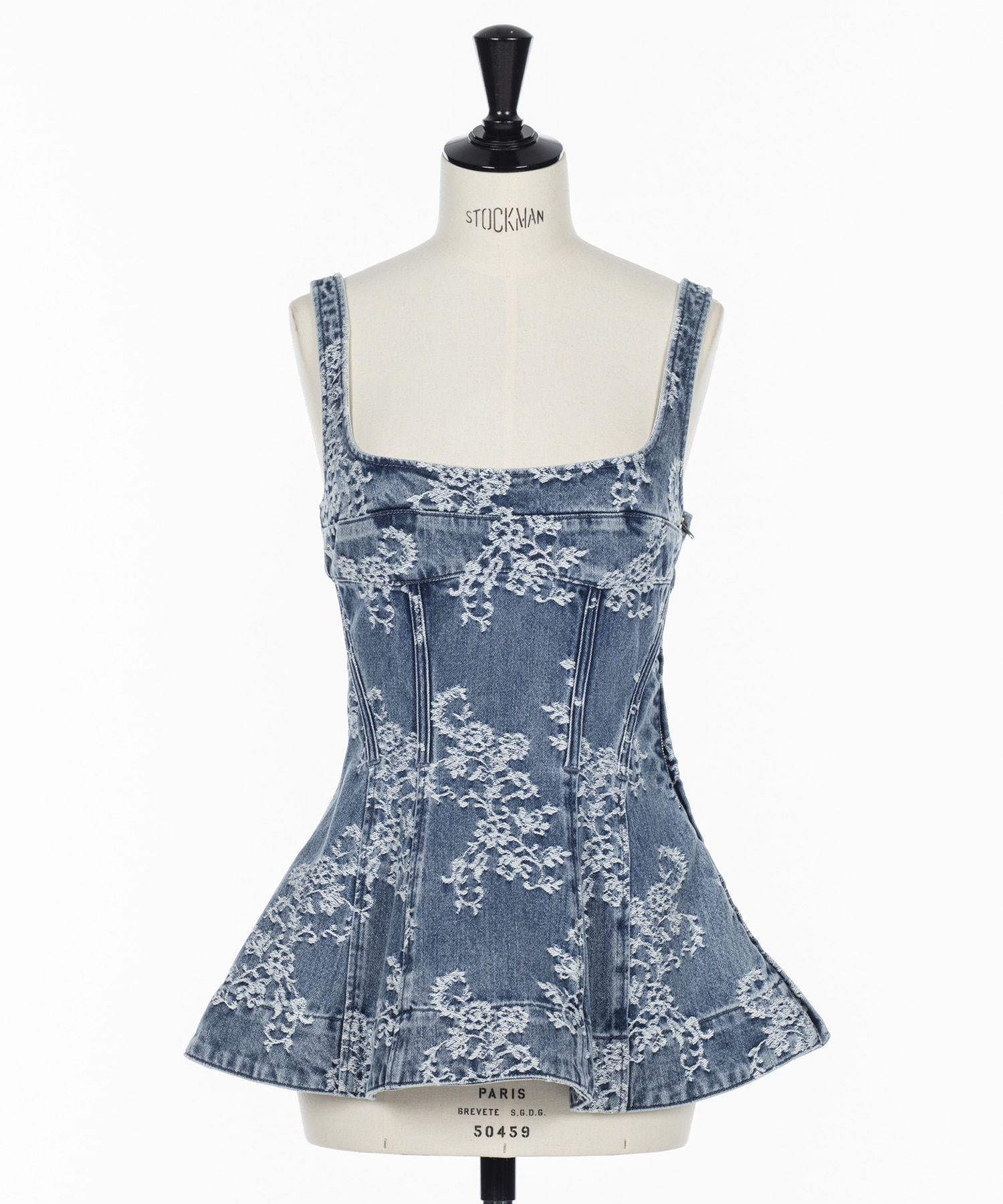 LACE-JACQUARD DENIM PEPLUM BUSTIER