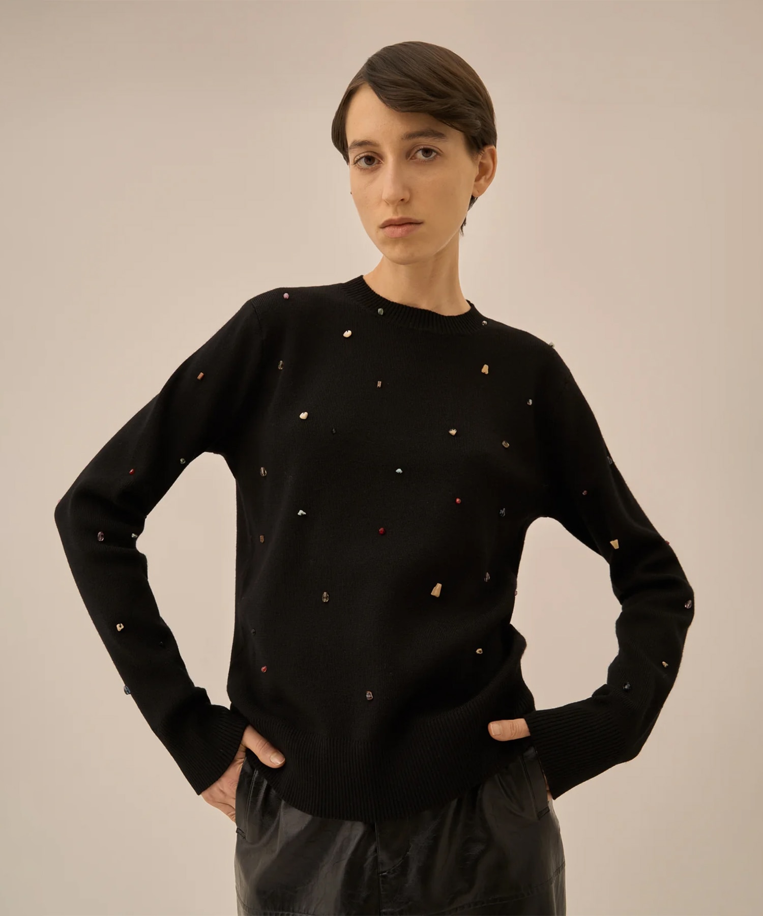 Aila glass beads&ores knit pullover BK