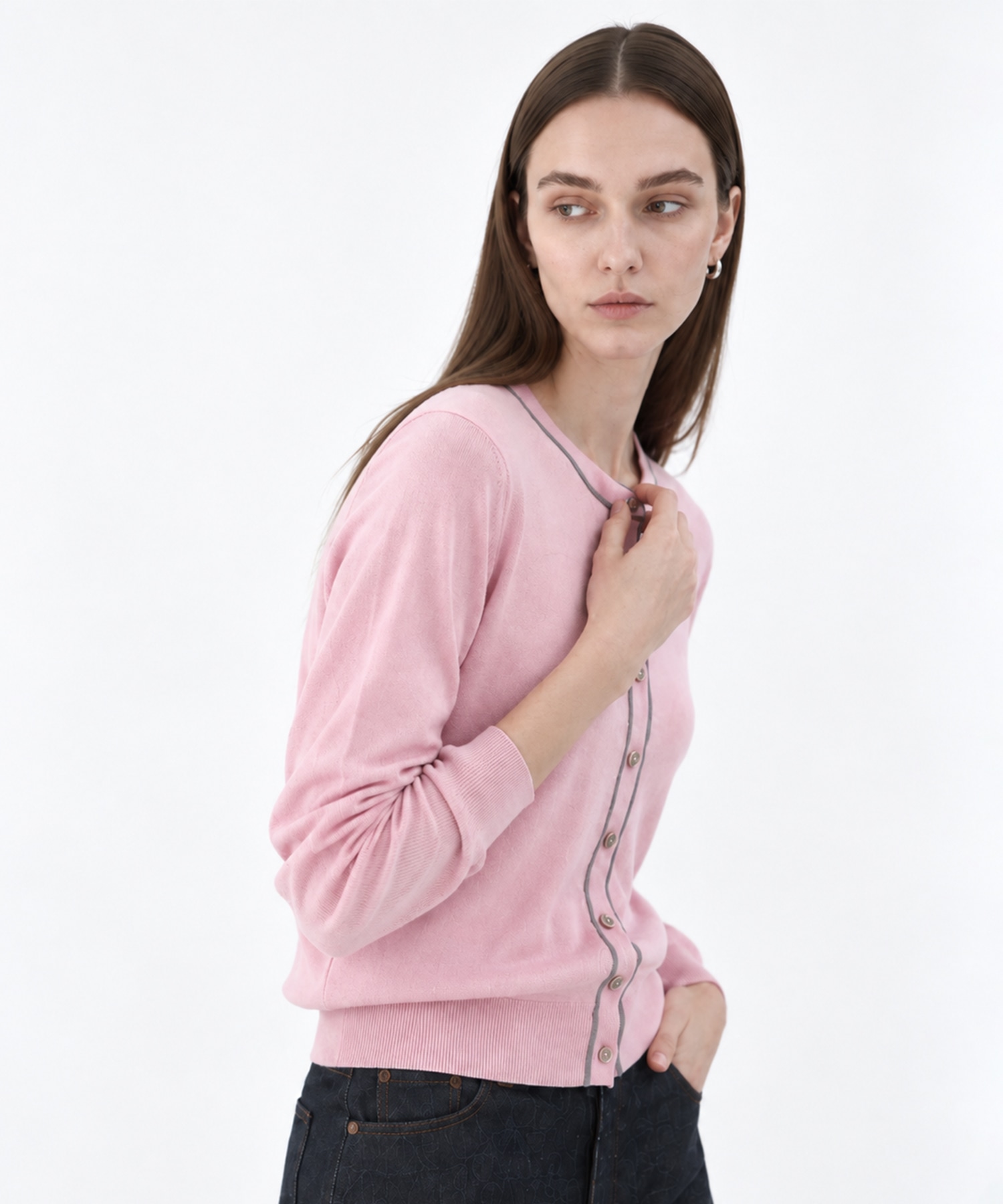 CASHMERE/SILK REVERSIBLE CREW NECK CARDIGAN